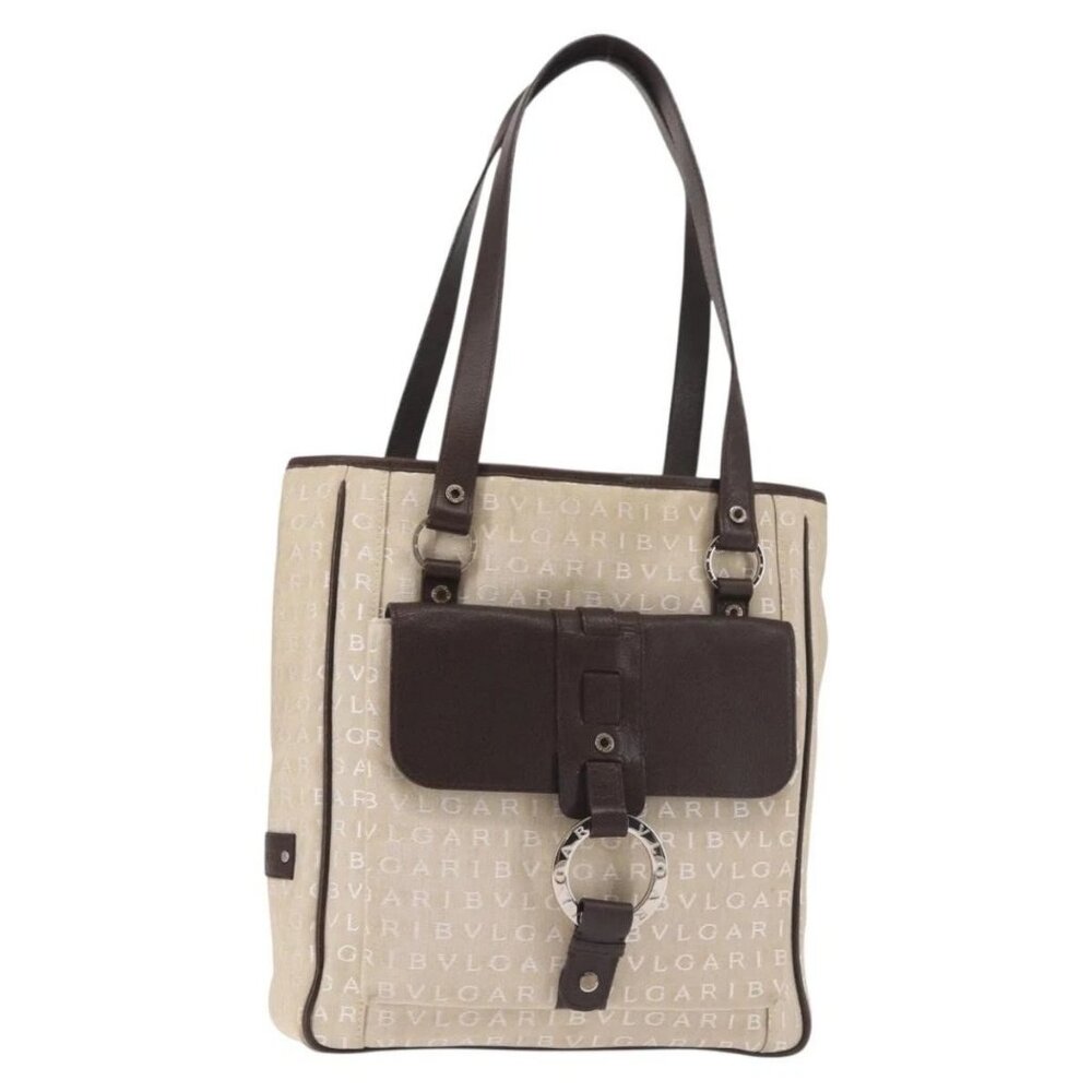 BVLGARI Logo Mania Tote Bag Canvas Beige Silver Auth BA5834